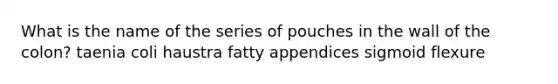 What is the name of the series of pouches in the wall of the colon? taenia coli haustra fatty appendices sigmoid flexure