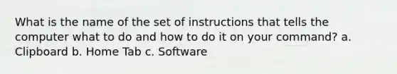 What is the name of the set of instructions that tells the computer what to do and how to do it on your command? a. Clipboard b. Home Tab c. Software