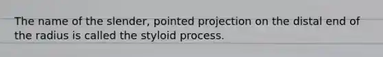 The name of the slender, pointed projection on the distal end of the radius is called the styloid process.