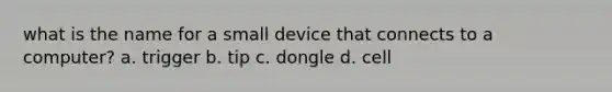 what is the name for a small device that connects to a computer? a. trigger b. tip c. dongle d. cell