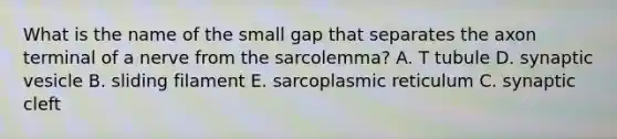 What is the name of the small gap that separates the axon terminal of a nerve from the sarcolemma? A. T tubule D. synaptic vesicle B. sliding filament E. sarcoplasmic reticulum C. synaptic cleft