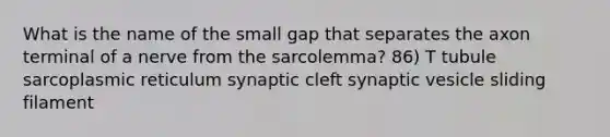 What is the name of the small gap that separates the axon terminal of a nerve from the sarcolemma? 86) T tubule sarcoplasmic reticulum synaptic cleft synaptic vesicle sliding filament