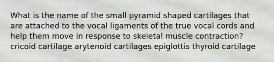 What is the name of the small pyramid shaped cartilages that are attached to the vocal ligaments of the true vocal cords and help them move in response to skeletal <a href='https://www.questionai.com/knowledge/k0LBwLeEer-muscle-contraction' class='anchor-knowledge'>muscle contraction</a>? cricoid cartilage arytenoid cartilages epiglottis thyroid cartilage