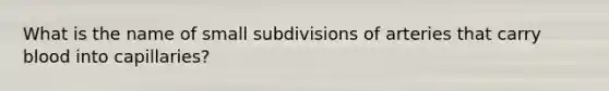 What is the name of small subdivisions of arteries that carry blood into capillaries?