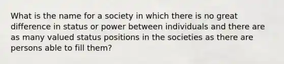 What is the name for a society in which there is no great difference in status or power between individuals and there are as many valued status positions in the societies as there are persons able to fill them?