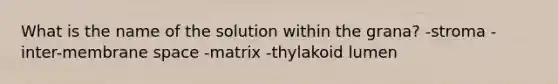 What is the name of the solution within the grana? -stroma -inter-membrane space -matrix -thylakoid lumen