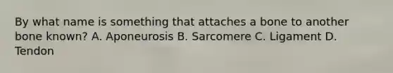 By what name is something that attaches a bone to another bone known? A. Aponeurosis B. Sarcomere C. Ligament D. Tendon