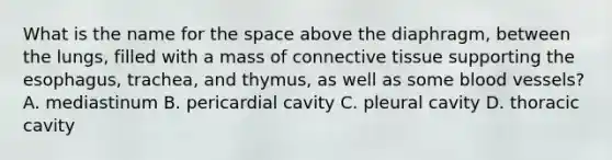 What is the name for the space above the diaphragm, between the lungs, filled with a mass of <a href='https://www.questionai.com/knowledge/kYDr0DHyc8-connective-tissue' class='anchor-knowledge'>connective tissue</a> supporting the esophagus, trachea, and thymus, as well as some <a href='https://www.questionai.com/knowledge/kZJ3mNKN7P-blood-vessels' class='anchor-knowledge'>blood vessels</a>? A. mediastinum B. pericardial cavity C. pleural cavity D. thoracic cavity