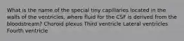 What is the name of the special tiny capillaries located in the walls of the ventricles, where fluid for the CSF is derived from the bloodstream? Choroid plexus Third ventricle Lateral ventricles Fourth ventricle