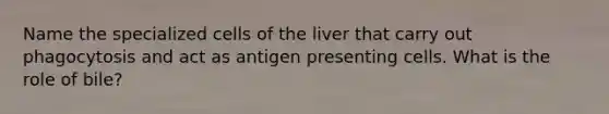 Name the specialized cells of the liver that carry out phagocytosis and act as antigen presenting cells. What is the role of bile?