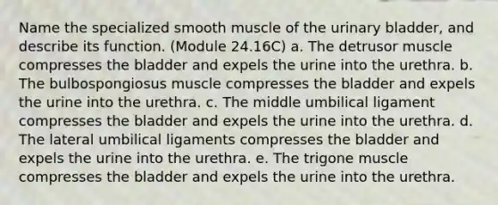 Name the specialized smooth muscle of the urinary bladder, and describe its function. (Module 24.16C) a. The detrusor muscle compresses the bladder and expels the urine into the urethra. b. The bulbospongiosus muscle compresses the bladder and expels the urine into the urethra. c. The middle umbilical ligament compresses the bladder and expels the urine into the urethra. d. The lateral umbilical ligaments compresses the bladder and expels the urine into the urethra. e. The trigone muscle compresses the bladder and expels the urine into the urethra.