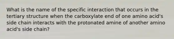 What is the name of the specific interaction that occurs in the <a href='https://www.questionai.com/knowledge/kf06vGllnT-tertiary-structure' class='anchor-knowledge'>tertiary structure</a> when the carboxylate end of one amino acid's side chain interacts with the protonated amine of another amino acid's side chain?