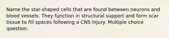 Name the star-shaped cells that are found between neurons and <a href='https://www.questionai.com/knowledge/kZJ3mNKN7P-blood-vessels' class='anchor-knowledge'>blood vessels</a>. They function in structural support and form scar tissue to fill spaces following a CNS injury. Multiple choice question.