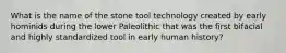 What is the name of the stone tool technology created by early hominids during the lower Paleolithic that was the first bifacial and highly standardized tool in early human history?