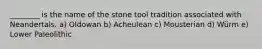 ________ is the name of the stone tool tradition associated with Neandertals. a) Oldowan b) Acheulean c) Mousterian d) Würm e) Lower Paleolithic