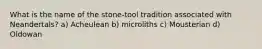 What is the name of the stone-tool tradition associated with Neandertals? a) Acheulean b) microliths c) Mousterian d) Oldowan