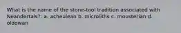 What is the name of the stone-tool tradition associated with Neandertals?: a. acheulean b. microliths c. mousterian d. oldowan