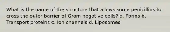 What is the name of the structure that allows some penicillins to cross the outer barrier of Gram negative cells? a. Porins b. Transport proteins c. Ion channels d. Liposomes