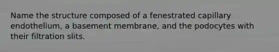 Name the structure composed of a fenestrated capillary endothelium, a basement membrane, and the podocytes with their filtration slits.