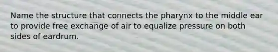 Name the structure that connects the pharynx to the middle ear to provide free exchange of air to equalize pressure on both sides of eardrum.