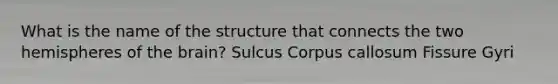 What is the name of the structure that connects the two hemispheres of the brain? Sulcus Corpus callosum Fissure Gyri