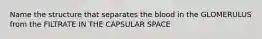 Name the structure that separates the blood in the GLOMERULUS from the FILTRATE IN THE CAPSULAR SPACE