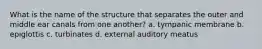 What is the name of the structure that separates the outer and middle ear canals from one another? a. tympanic membrane b. epiglottis c. turbinates d. external auditory meatus