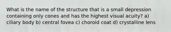 What is the name of the structure that is a small depression containing only cones and has the highest visual acuity? a) ciliary body b) central fovea c) choroid coat d) crystalline lens