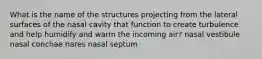 What is the name of the structures projecting from the lateral surfaces of the nasal cavity that function to create turbulence and help humidify and warm the incoming air? nasal vestibule nasal conchae nares nasal septum