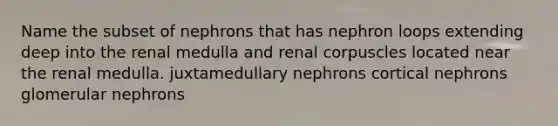 Name the subset of nephrons that has nephron loops extending deep into the renal medulla and renal corpuscles located near the renal medulla. juxtamedullary nephrons cortical nephrons glomerular nephrons