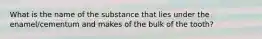 What is the name of the substance that lies under the enamel/cementum and makes of the bulk of the tooth?