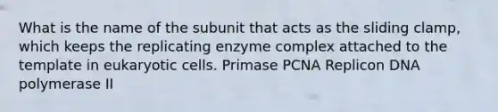 What is the name of the subunit that acts as the sliding clamp, which keeps the replicating enzyme complex attached to the template in eukaryotic cells. Primase PCNA Replicon DNA polymerase II