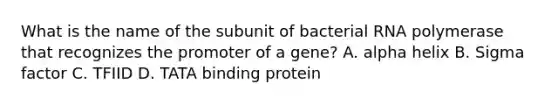 What is the name of the subunit of bacterial RNA polymerase that recognizes the promoter of a gene? A. alpha helix B. Sigma factor C. TFIID D. TATA binding protein