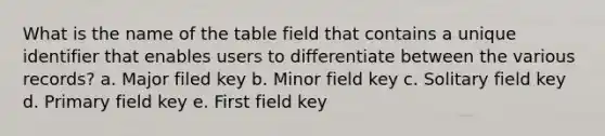 What is the name of the table field that contains a unique identifier that enables users to differentiate between the various records? a. Major filed key b. Minor field key c. Solitary field key d. Primary field key e. First field key