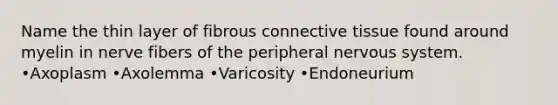 Name the thin layer of fibrous connective tissue found around myelin in nerve fibers of the peripheral nervous system. •Axoplasm •Axolemma •Varicosity •Endoneurium