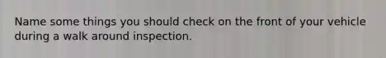 Name some things you should check on the front of your vehicle during a walk around inspection.