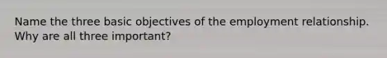 Name the three basic objectives of the employment relationship. Why are all three important?