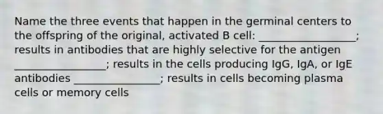 Name the three events that happen in the germinal centers to the offspring of the original, activated B cell: __________________; results in antibodies that are highly selective for the antigen _________________; results in the cells producing IgG, IgA, or IgE antibodies ________________; results in cells becoming plasma cells or memory cells