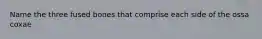 Name the three fused bones that comprise each side of the ossa coxae