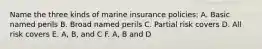 Name the three kinds of marine insurance policies: A. Basic named perils B. Broad named perils C. Partial risk covers D. All risk covers E. A, B, and C F. A, B and D