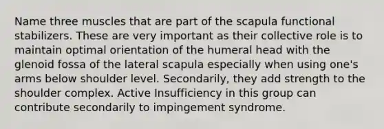 Name three muscles that are part of the scapula functional stabilizers. These are very important as their collective role is to maintain optimal orientation of the humeral head with the glenoid fossa of the lateral scapula especially when using one's arms below shoulder level. Secondarily, they add strength to the shoulder complex. Active Insufficiency in this group can contribute secondarily to impingement syndrome.