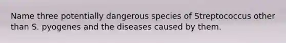 Name three potentially dangerous species of Streptococcus other than S. pyogenes and the diseases caused by them.