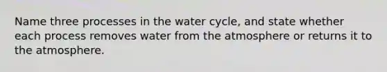 Name three processes in the water cycle, and state whether each process removes water from the atmosphere or returns it to the atmosphere.