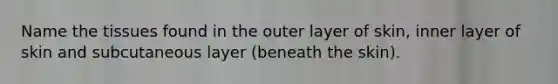 Name the tissues found in the outer layer of skin, inner layer of skin and subcutaneous layer (beneath the skin).