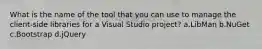 What is the name of the tool that you can use to manage the client-side libraries for a Visual Studio project? a.LibMan b.NuGet c.Bootstrap d.jQuery