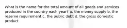 What is the name for the total amount of all goods and services produced in the country each year? a. the money supply b. the reserve requirement c. the public debt d. the gross domestic product
