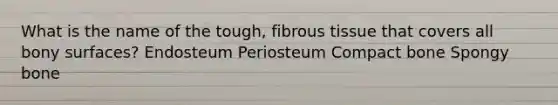 What is the name of the tough, fibrous tissue that covers all bony surfaces? Endosteum Periosteum Compact bone Spongy bone