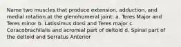 Name two muscles that produce extension, adduction, and medial rotation at the glenohumeral joint: a. Teres Major and Teres minor b. Latissimus dorsi and Teres major c. Coracobrachilalis and acromial part of deltoid d. Spinal part of the deltoid and Serratus Anterior