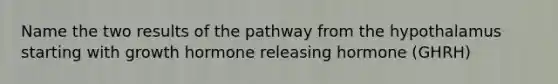 Name the two results of the pathway from the hypothalamus starting with growth hormone releasing hormone (GHRH)