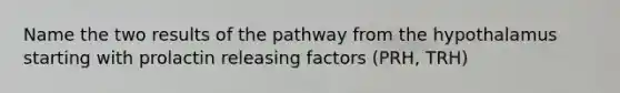 Name the two results of the pathway from the hypothalamus starting with prolactin releasing factors (PRH, TRH)